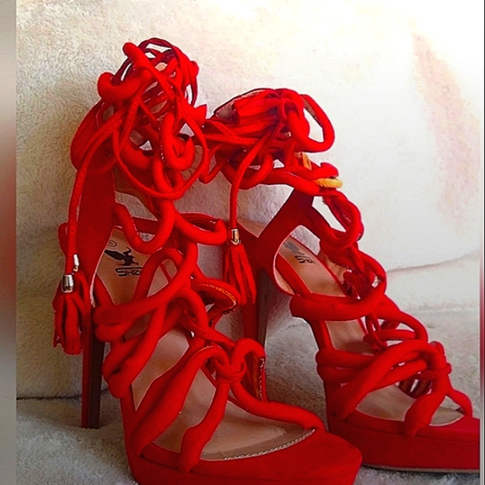 SHLEKH Red Suede Platform High Heel Shoes Ankle Strap  Heels Size 8M US